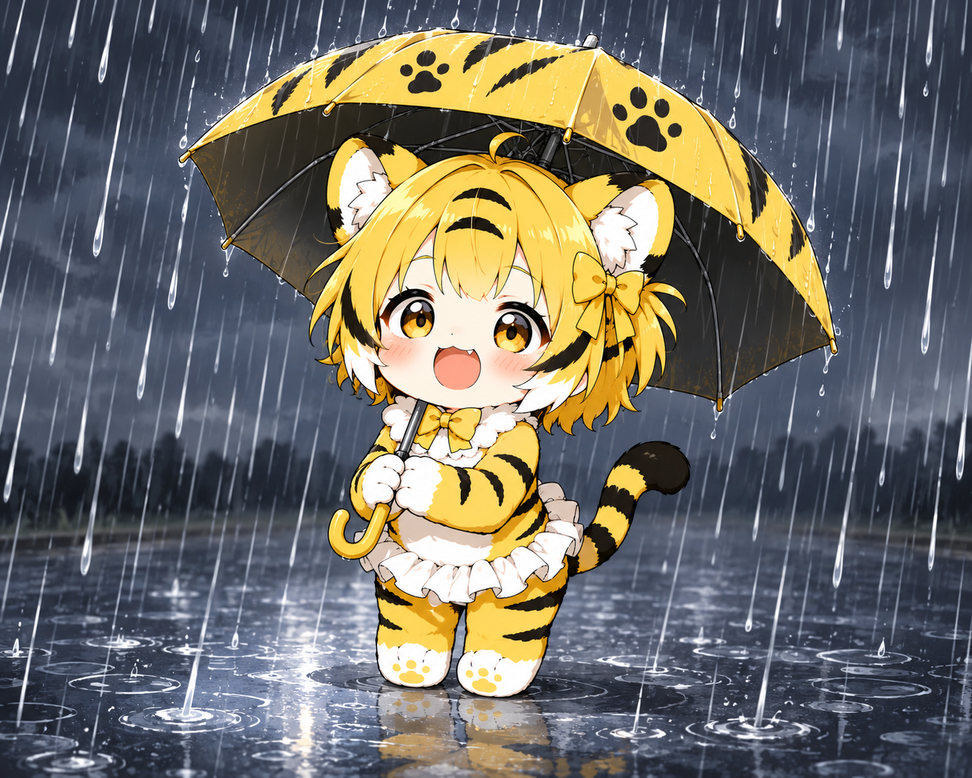 傘をさして雨の中にたたずむチビ虎のレビちゃん(雨天中止)